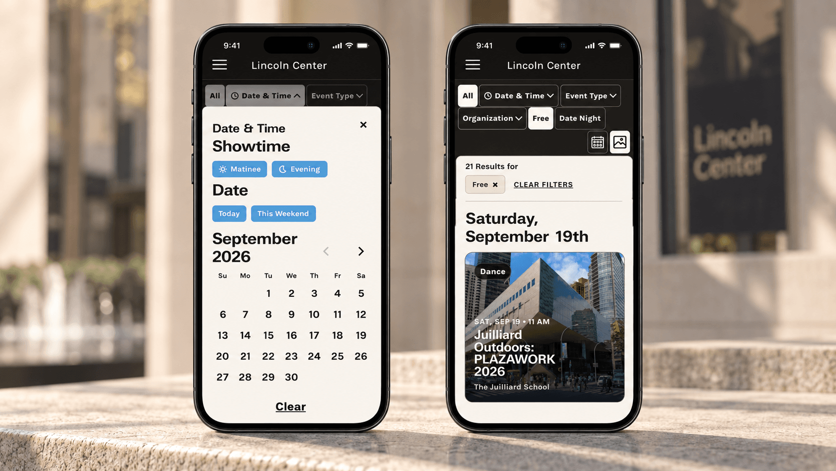 Date selection and free event discovery shown on two front-facing mobile phones