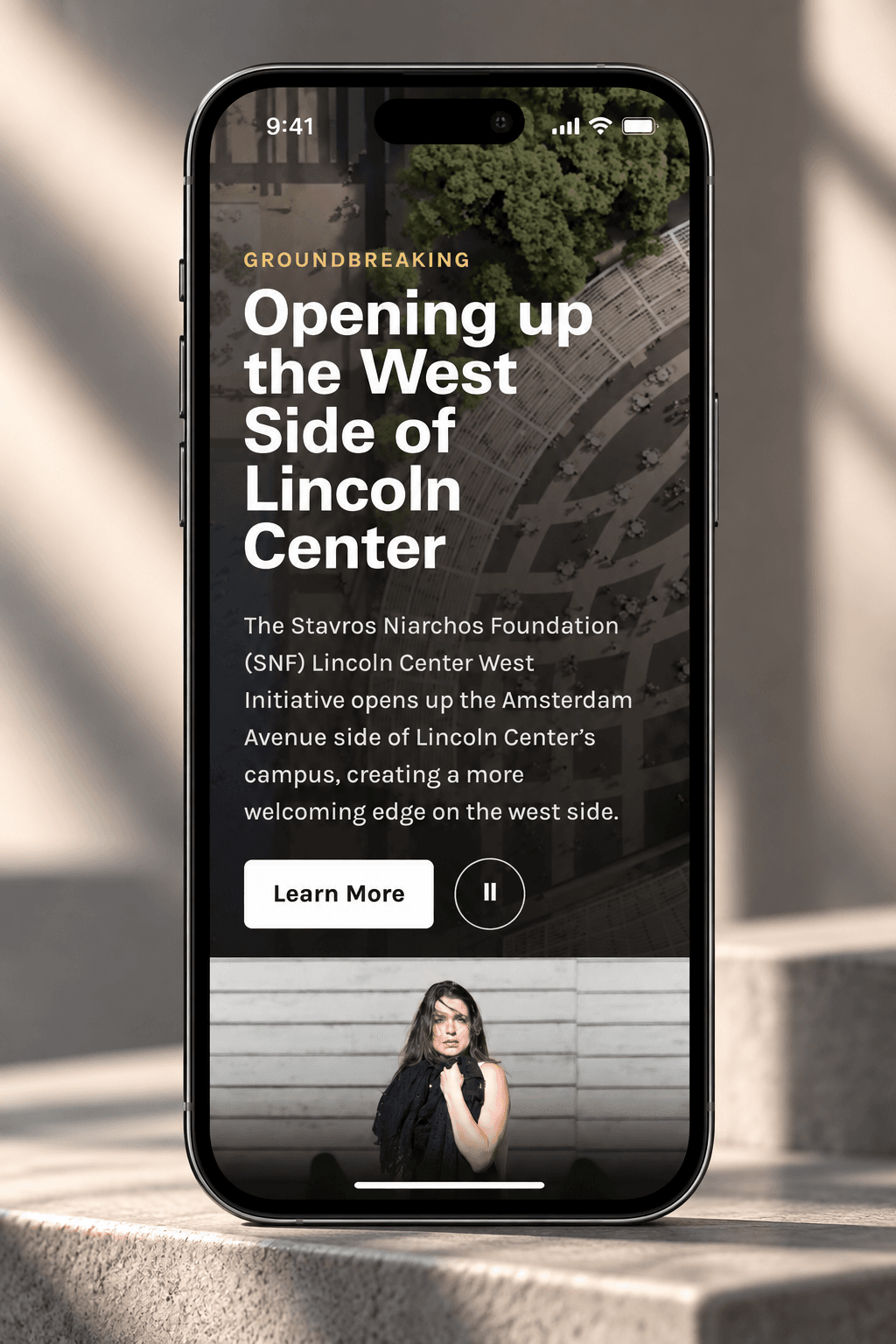 Lincoln Center West Side editorial story shown on a front-facing mobile phone