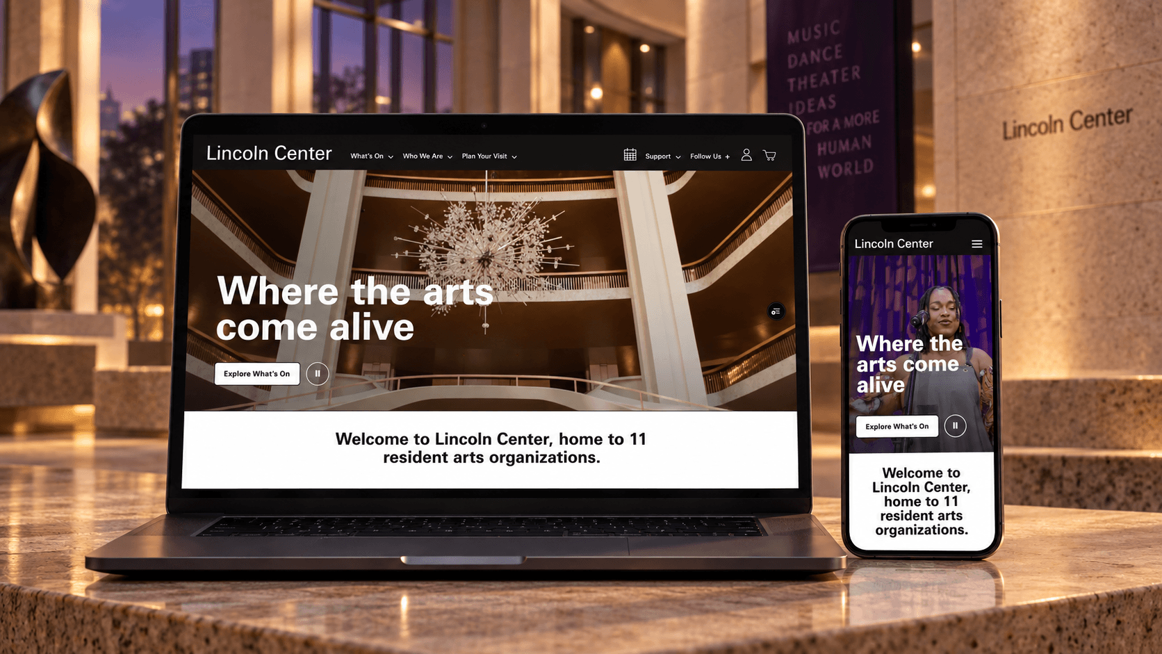Lincoln Center homepage experience shown on laptop and mobile