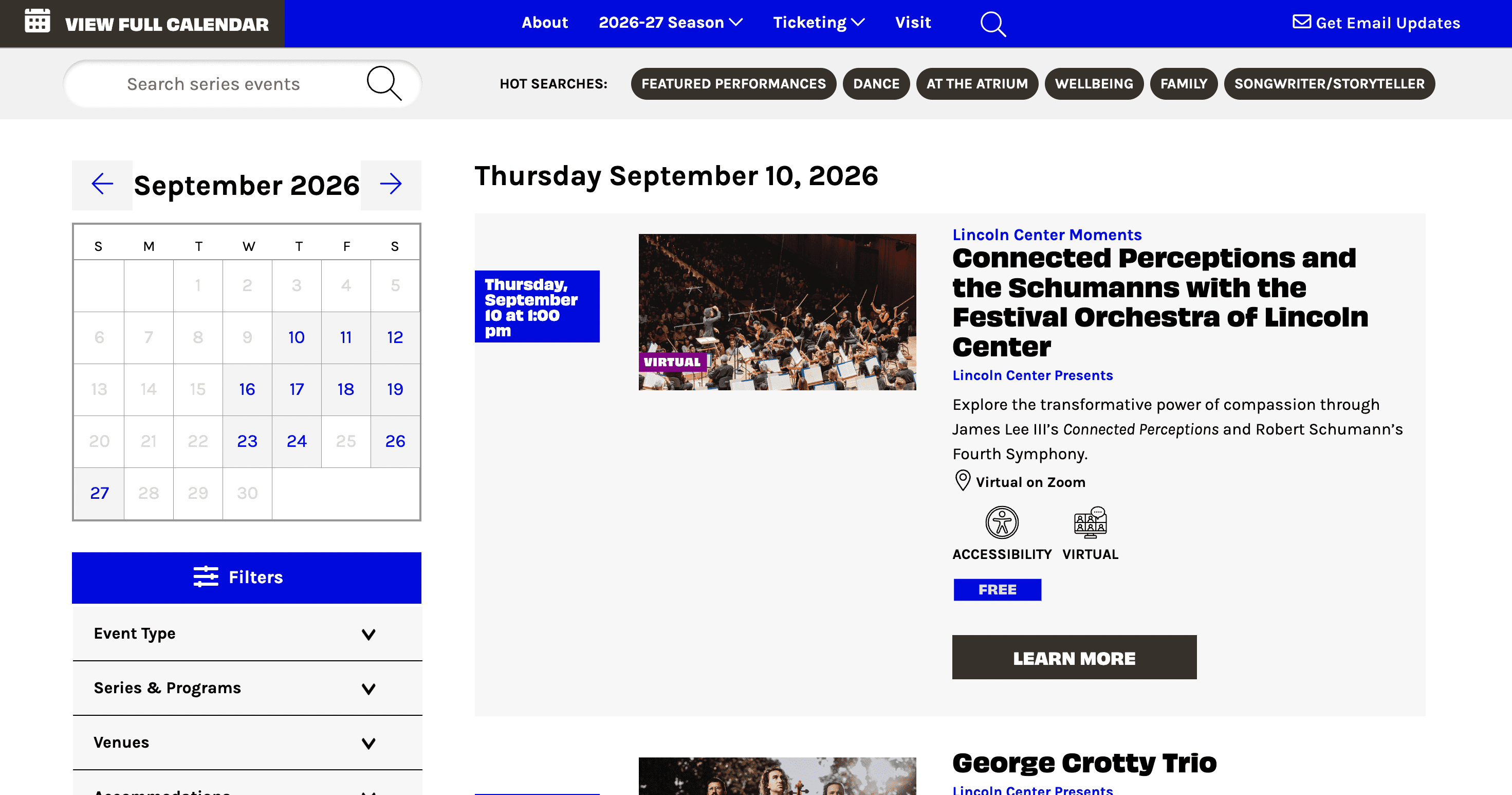 Lincoln Center Presents calendar and event discovery