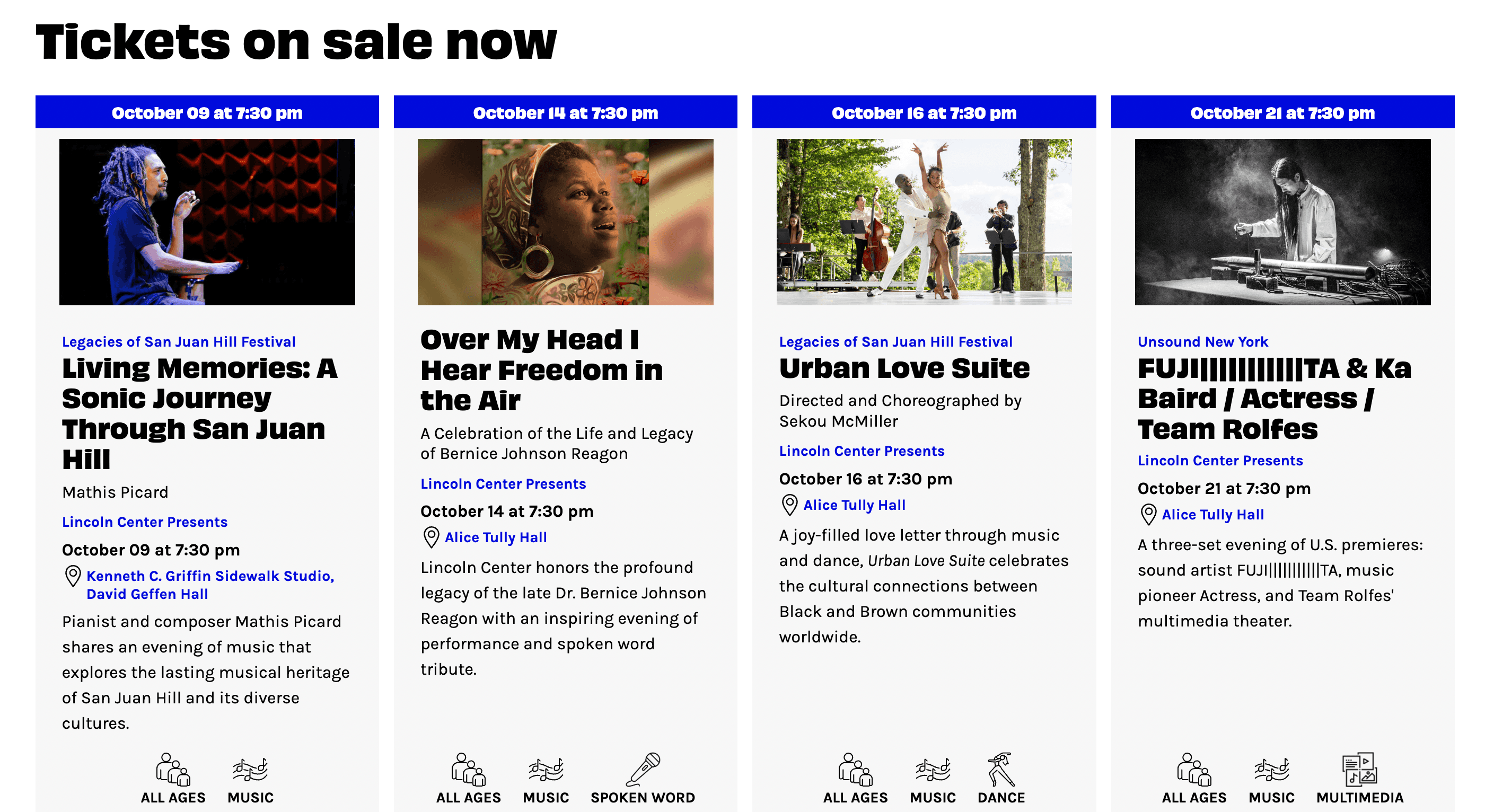 Lincoln Center Presents ticketing event cards