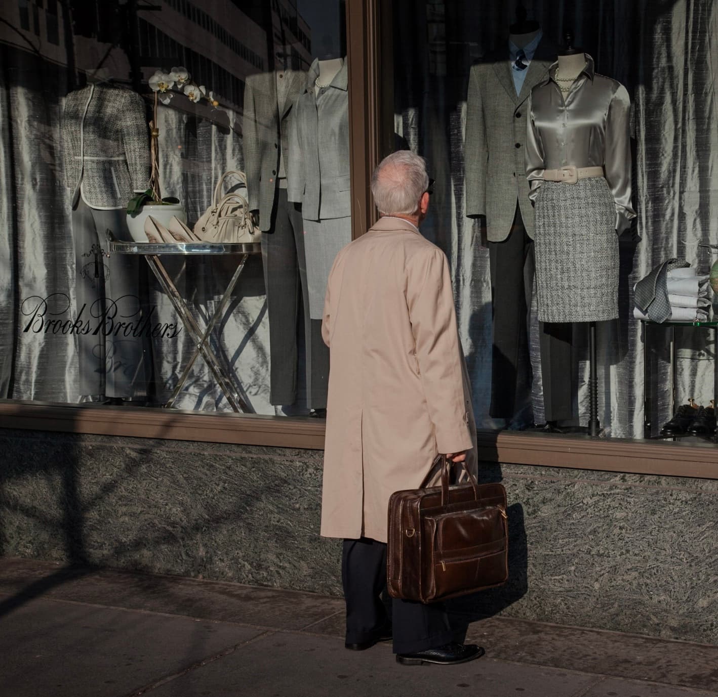 Window Gazing, an older man standing before a Brooks Brothers display