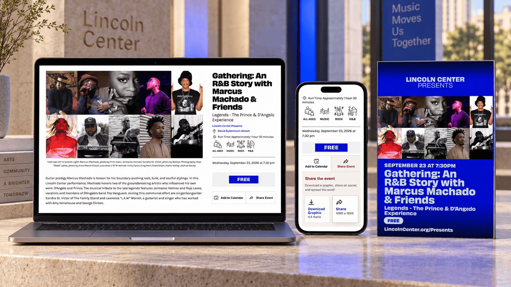 Story Share shown across desktop, mobile, and a finished social graphic